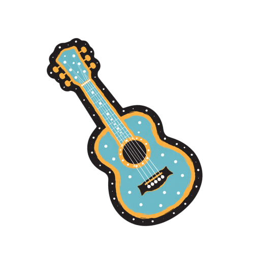 Colorful cartoon guitar with musical notes around it against a black background.