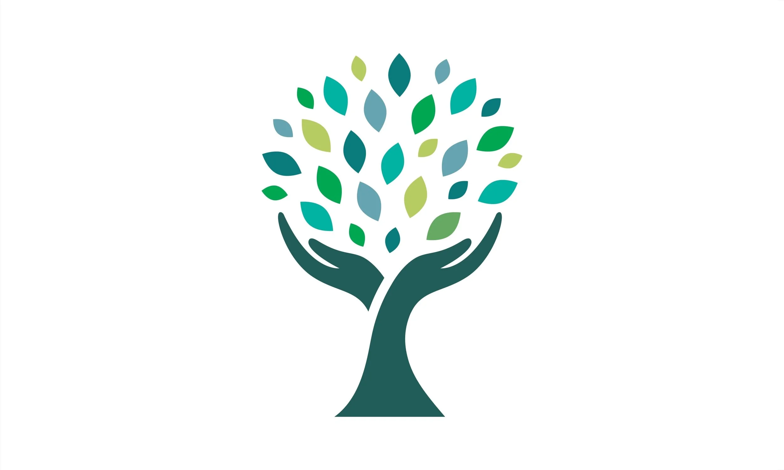 A stylized graphic of a tree with a dark green trunk and branches, and leaves in various shades of green and blue.