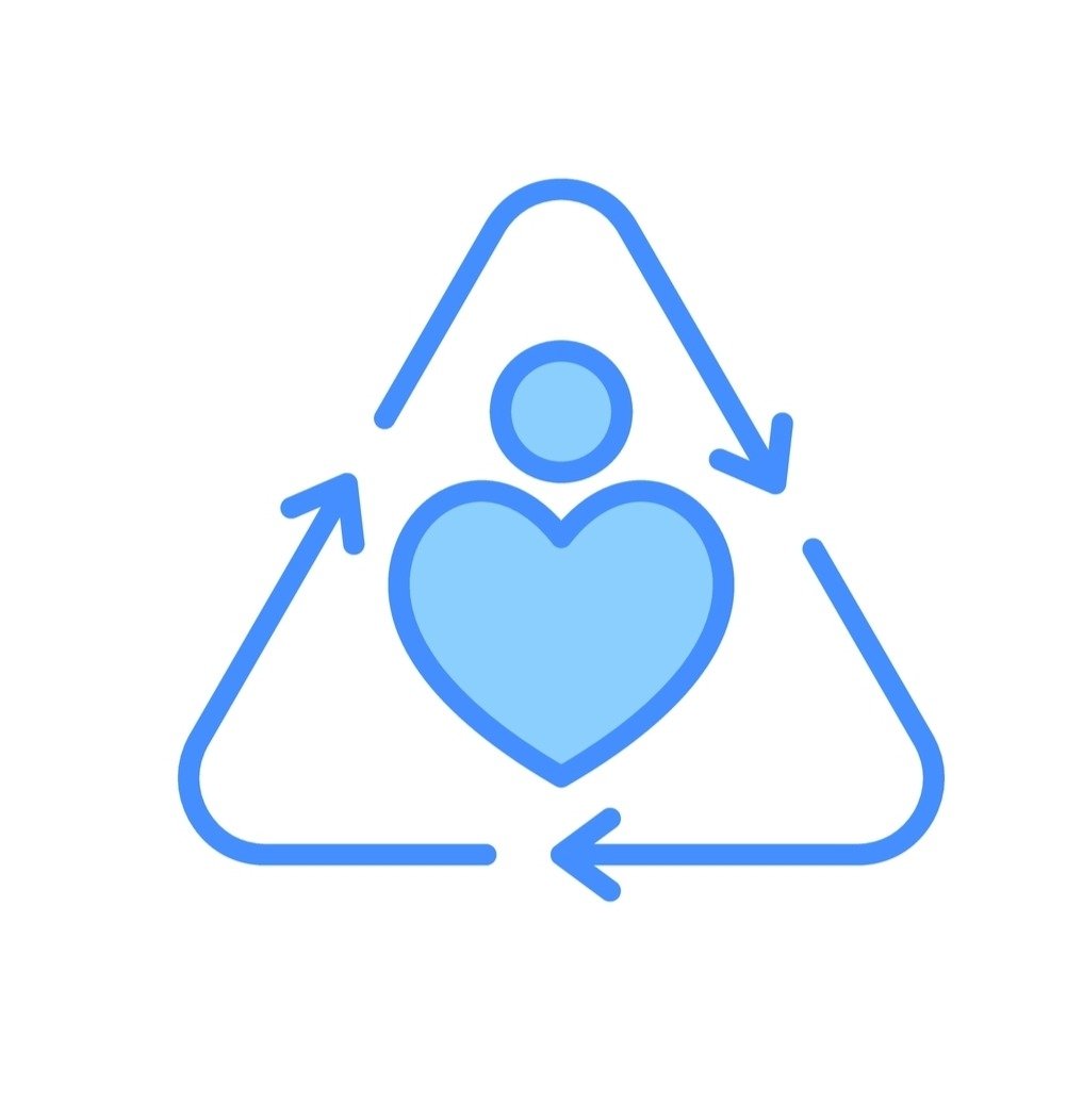 A blue recycling symbol with a heart and a person icon inside.