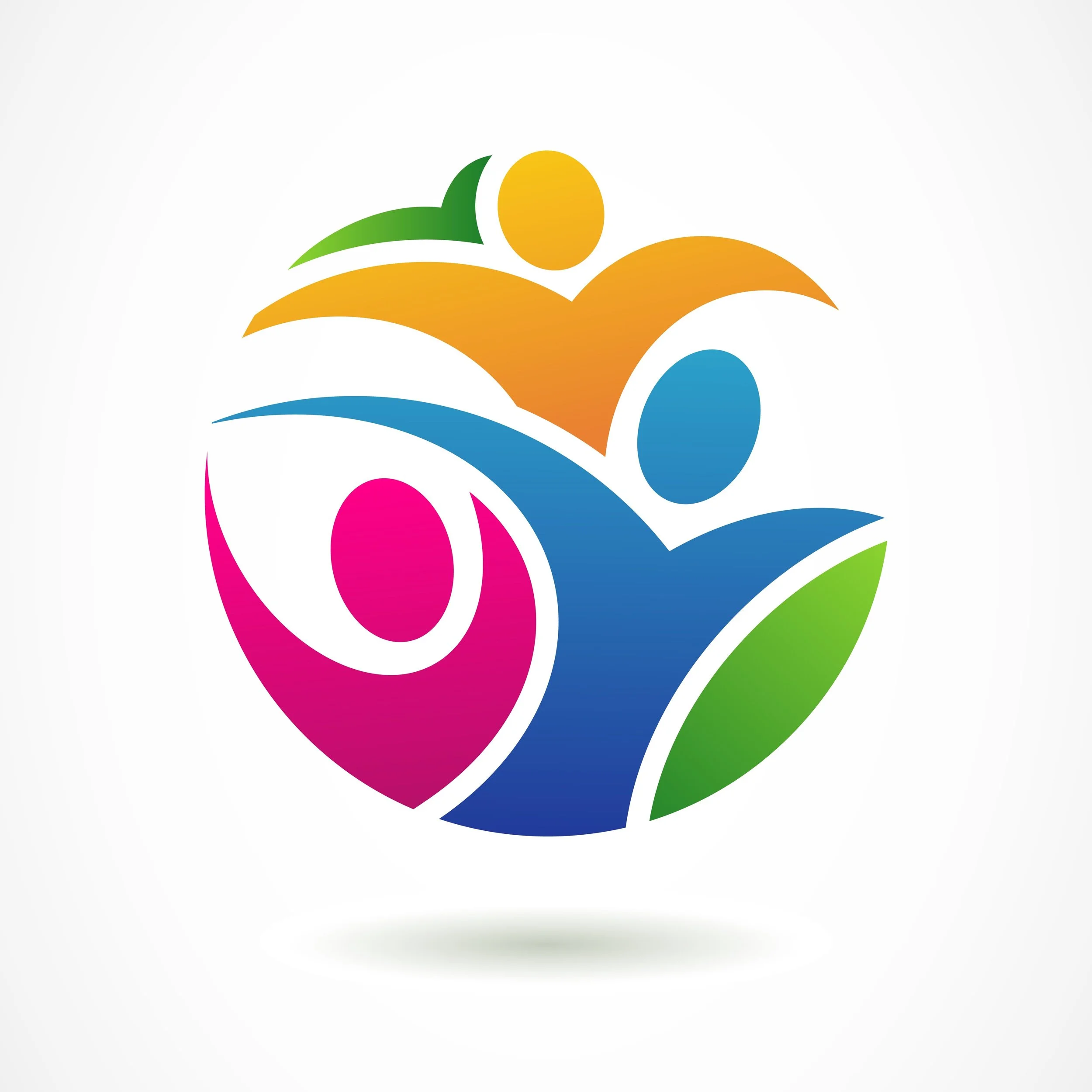 Colorful abstract logo with five stylized human figures in green, yellow, pink, blue, and orange forming a circular shape with a shadow beneath.