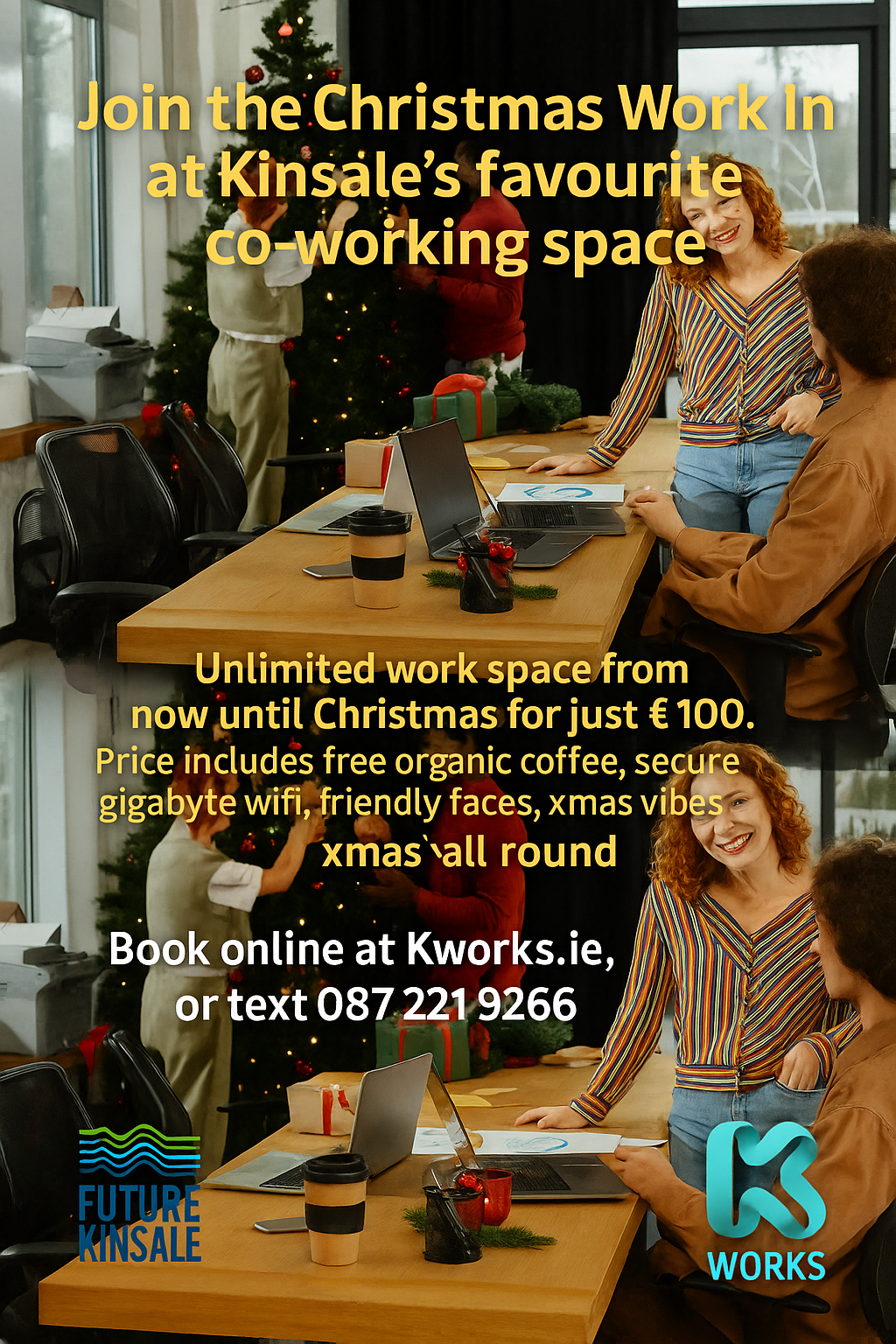 A group of people sitting in a circle in an office setting, attentively listening to a presenter. The presenter is seated and in front of a large screen displaying digital content. The room has high ceilings and several large potted plants.