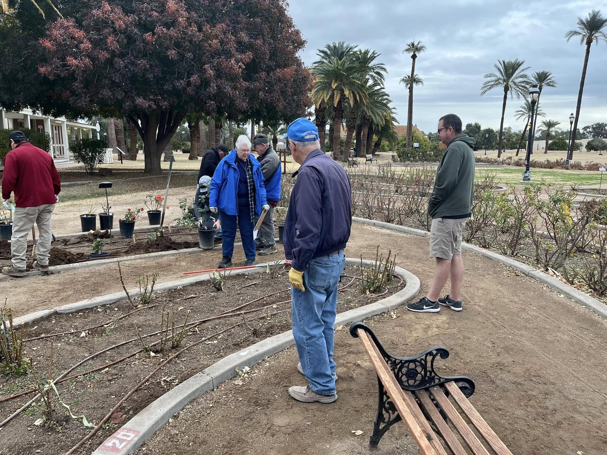 Group of people planting flowers in a landscaped park with palm trees and benches.