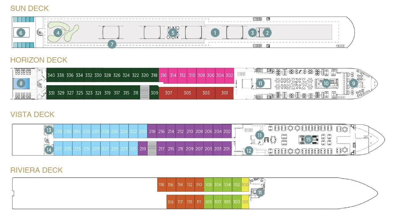 Deck plan of a cruise ship showing four levels: Sun Deck with amenities, Horizon Deck with rooms numbered 301-340, Vista Deck with rooms numbered 201-238, and Riviera Deck with rooms numbered 101-119. Includes pools, seating areas, and other facilities.
