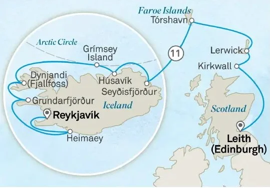 Map showing a cruise route from Edinburgh, Scotland to Iceland and the Faroe Islands, passing through various islands and points like Lerwick, Kirkwall, Husavik, and Reykajvik.