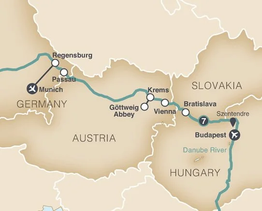 Christmas Markets on the Danube route map — Budapest to Munich