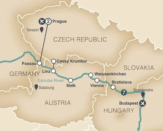 Map showing a route from Budapest, Hungary, through Vienna, Bratislava, and other cities to Prague, Czech Republic, with flight icons at Budapest and Prague and a Terezín marker near Prague.