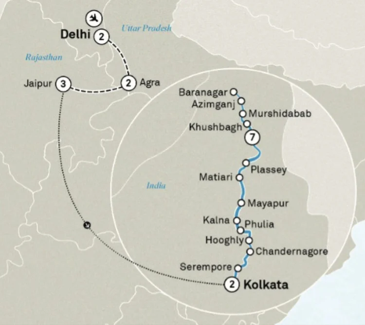 India Golden Triangle and Lower Ganges river cruise route map