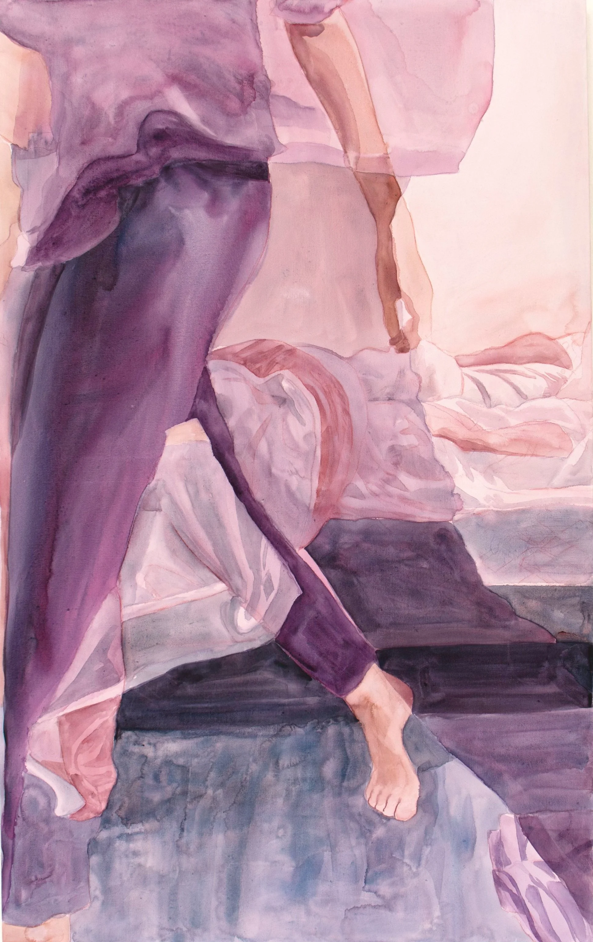   Leaving, Again, and Again,   2025, watercolor and watercolor pencil on canvas, 47 in. x 31 in.
