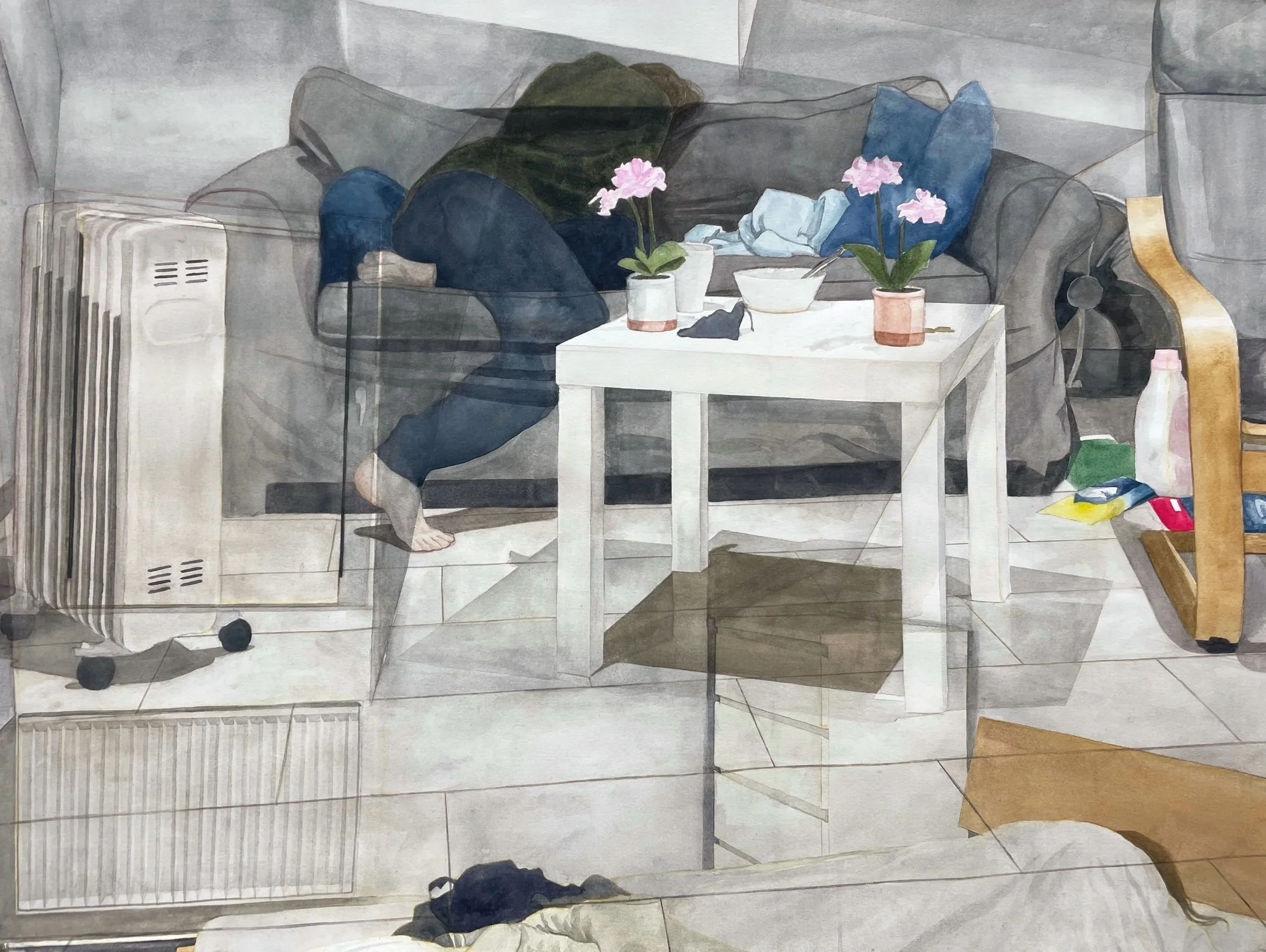   Migraine,   2024, watercolor and watercolor pencil on Rives BFK paper, 22 in. x 30 in.