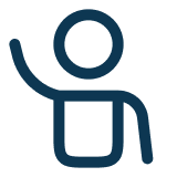 Minimalist blue icon of a person with a raised hand.