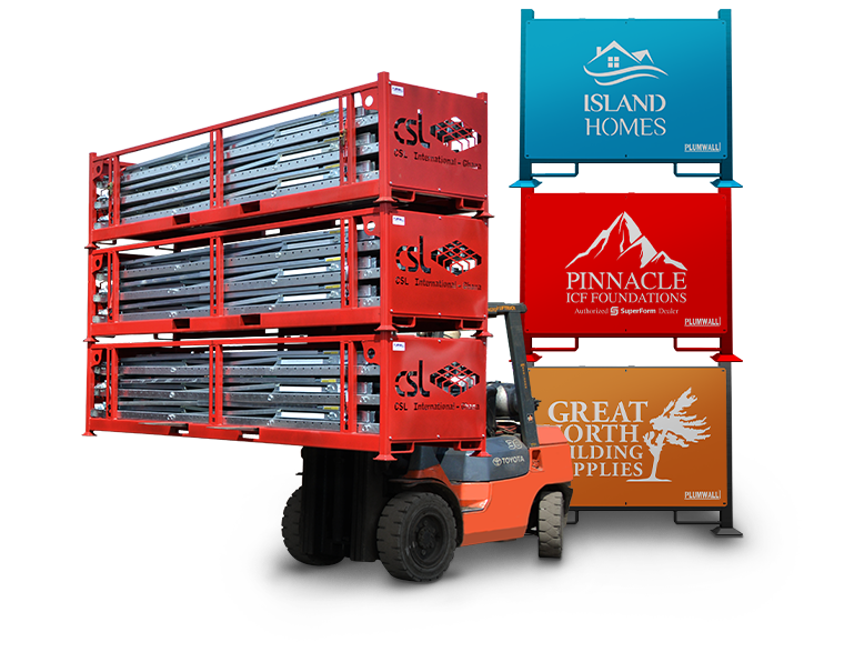 Storage crates of different colours being moved by forklift