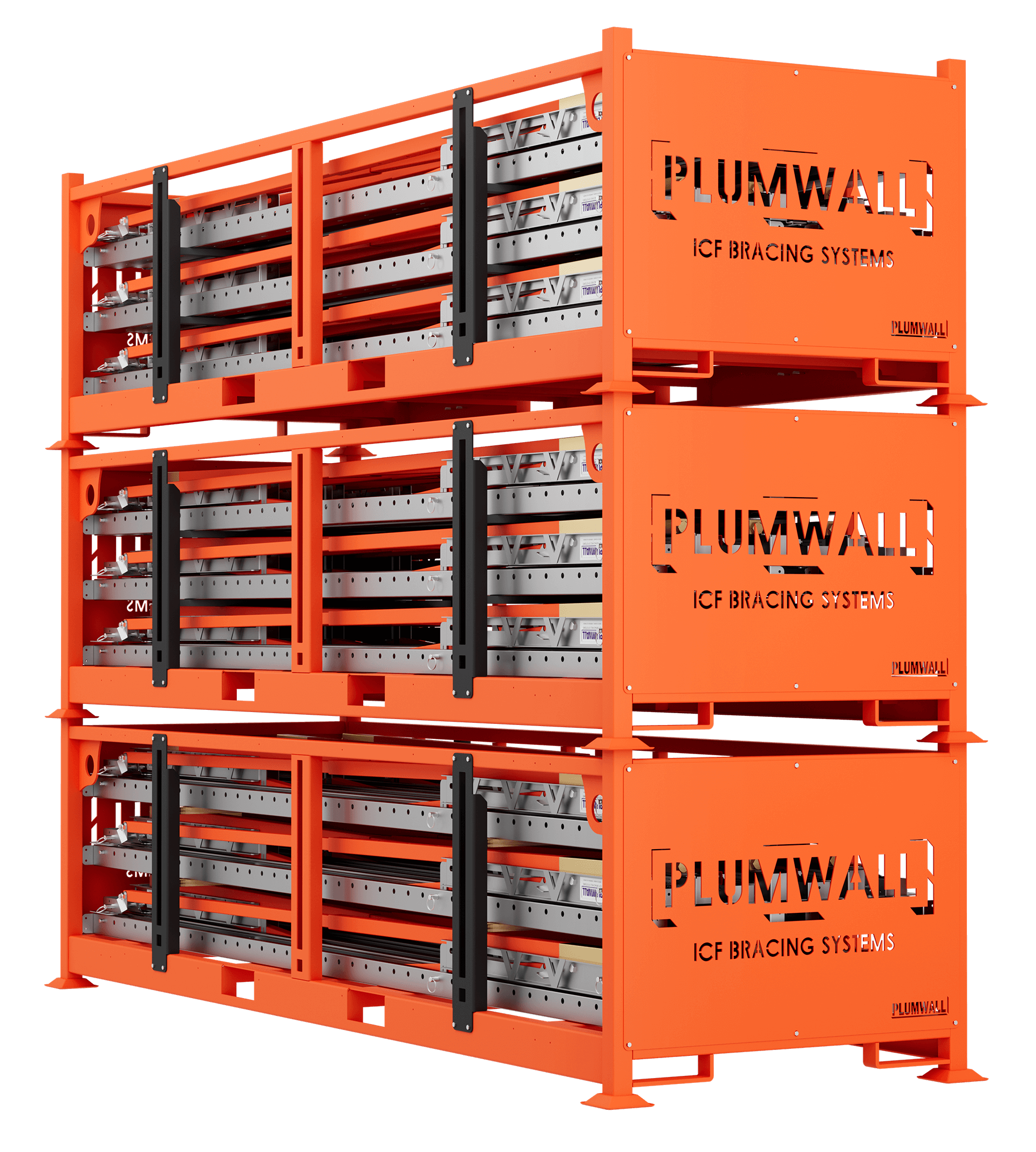 Stacked storage crates holding ICF braces