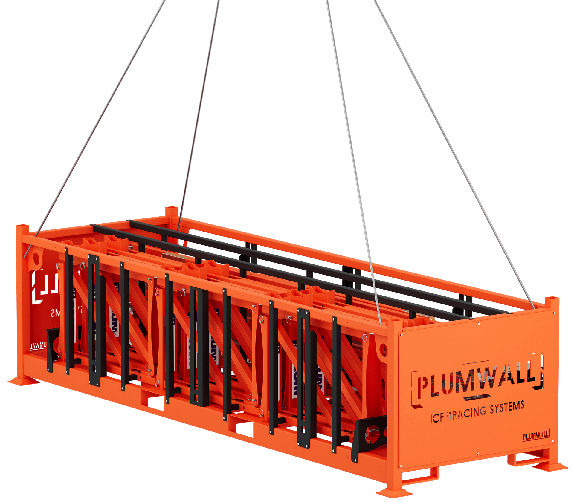 Plumwall ICF Brace Crates being moved by crane