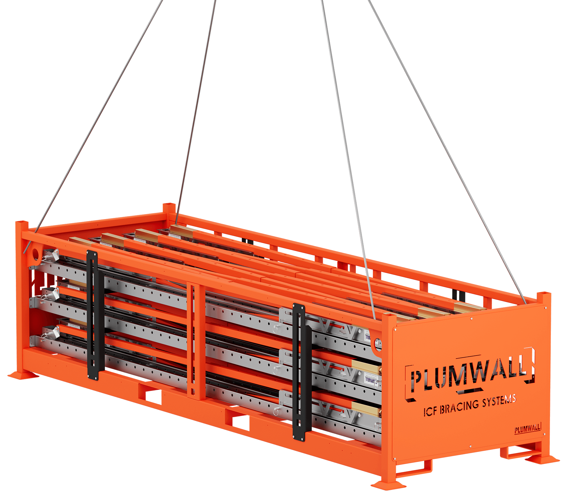 ICF Bracing storage crate being moved by crane