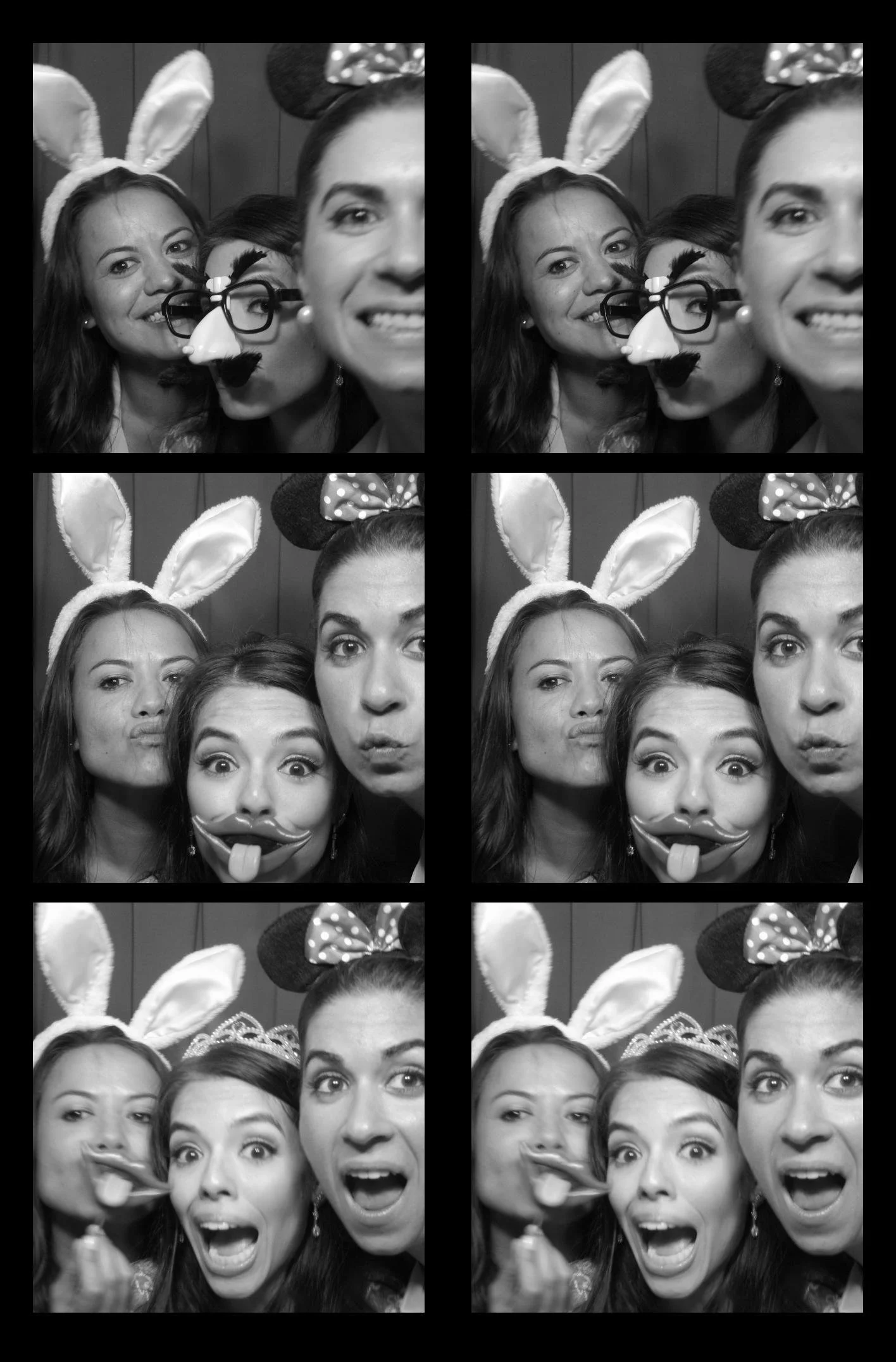 A group of four women in a photo booth making funny faces and wearing playful accessories like bunny ears, a monocle with a mustache, a polka dot bow headband, and a tiara. The photos are in black and white.