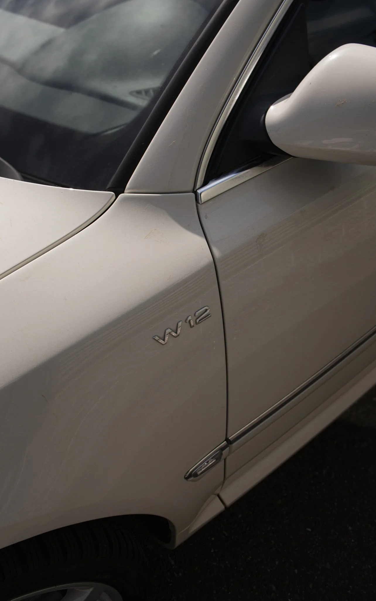 Close-up of the front side of a silver or gray Mercedes-Benz vehicle, showing the vent badge and part of the wheel.