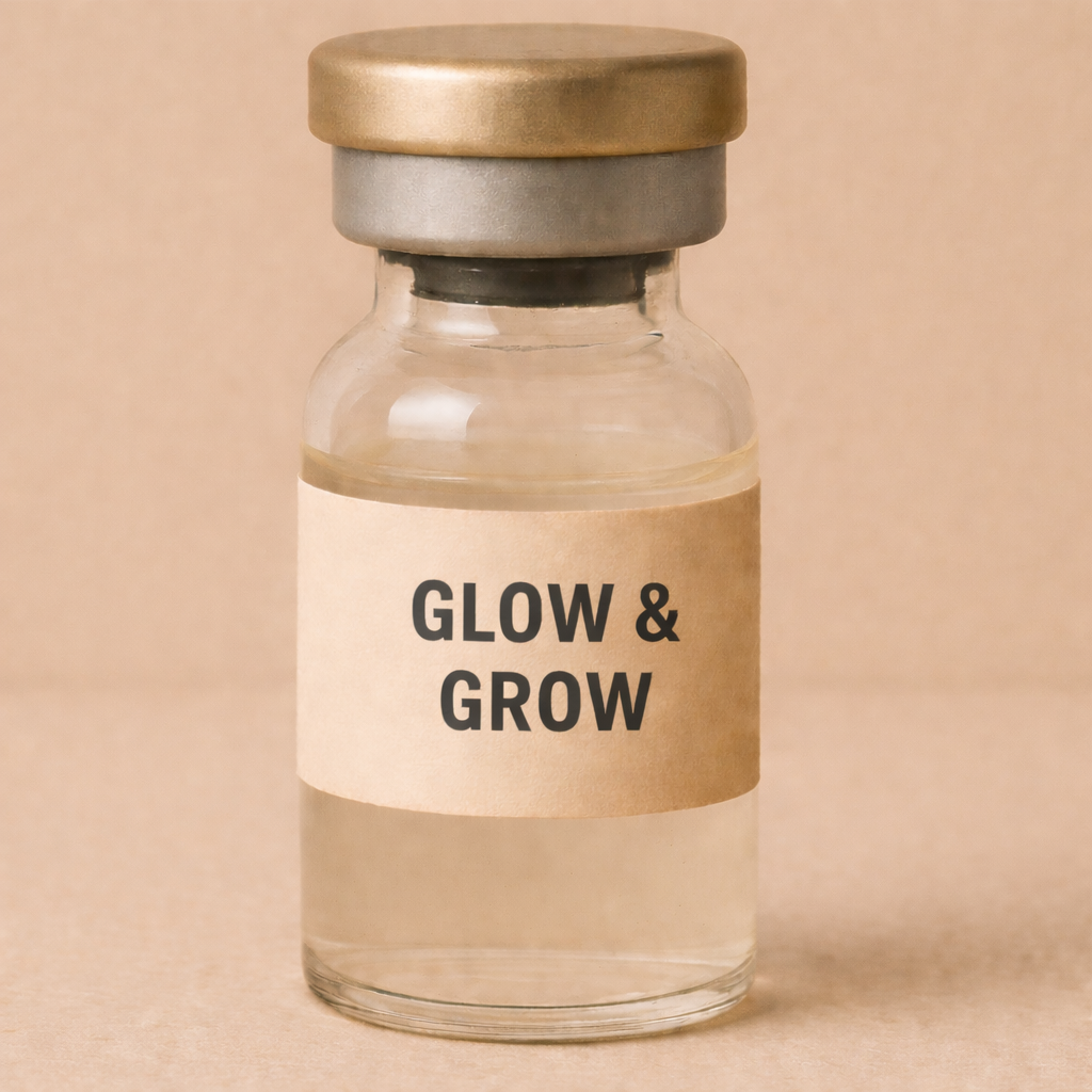 Vial labeled Glow & Grow