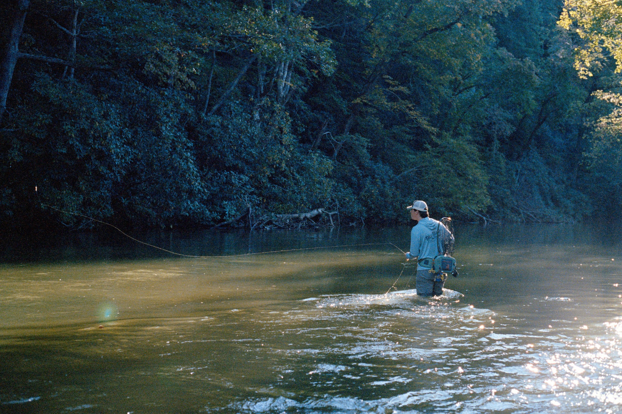 Person fly fishing in a river surrounded by trees