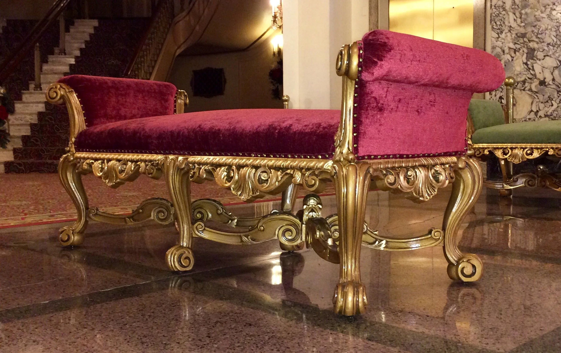 Orpheum Lounges Restoration, historical furniture restoration by Custom Artisan Finishes in Omaha, Nebraska