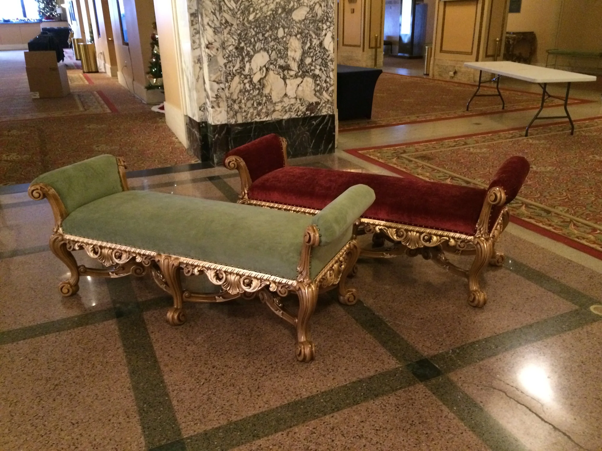 Orpheum Lounges Restoration, historical furniture restoration by Custom Artisan Finishes in Omaha, Nebraska