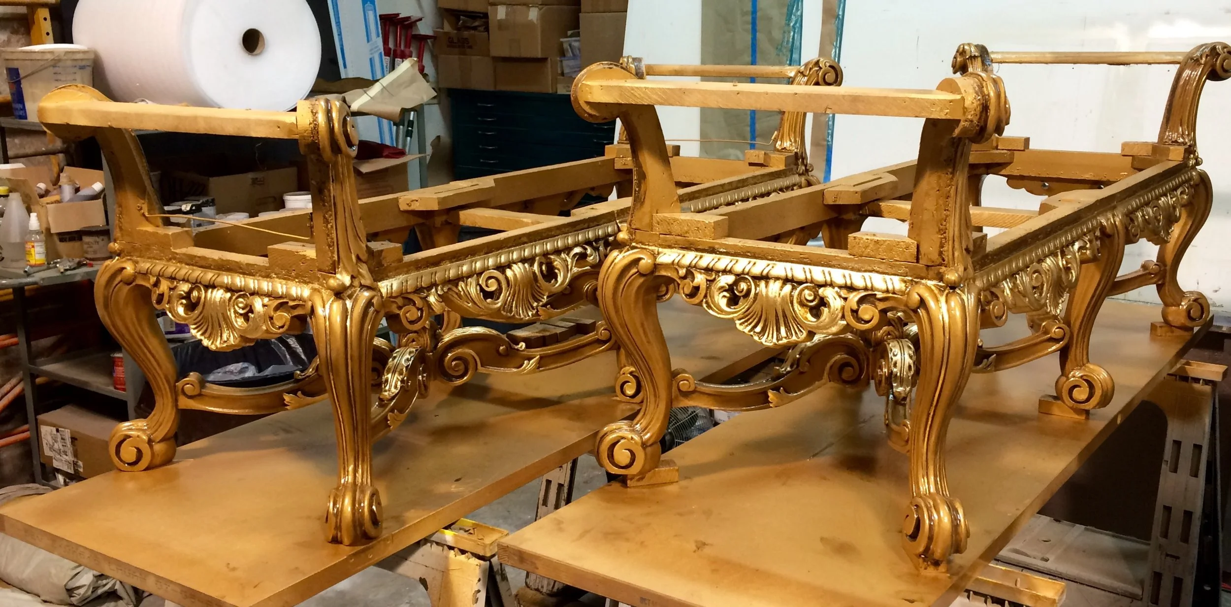 Orpheum Lounges Restoration, historical furniture restoration by Custom Artisan Finishes in Omaha, Nebraska