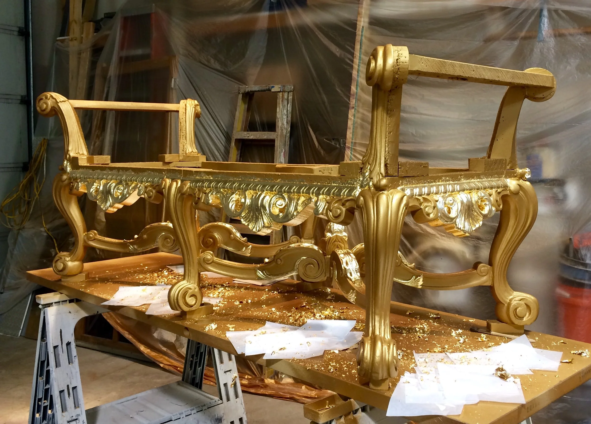 Orpheum Lounges Restoration, historical furniture restoration by Custom Artisan Finishes in Omaha, Nebraska