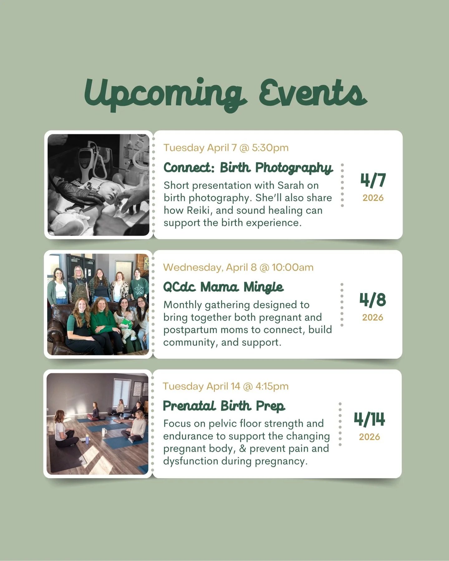 Quad Cities, don&rsquo;t miss our doula collective&rsquo;s upcoming events in early April! Whether you want education, physical prenatal prep, or simply community in the form of a short outing &mdash; we have something for you.

Register in advance f