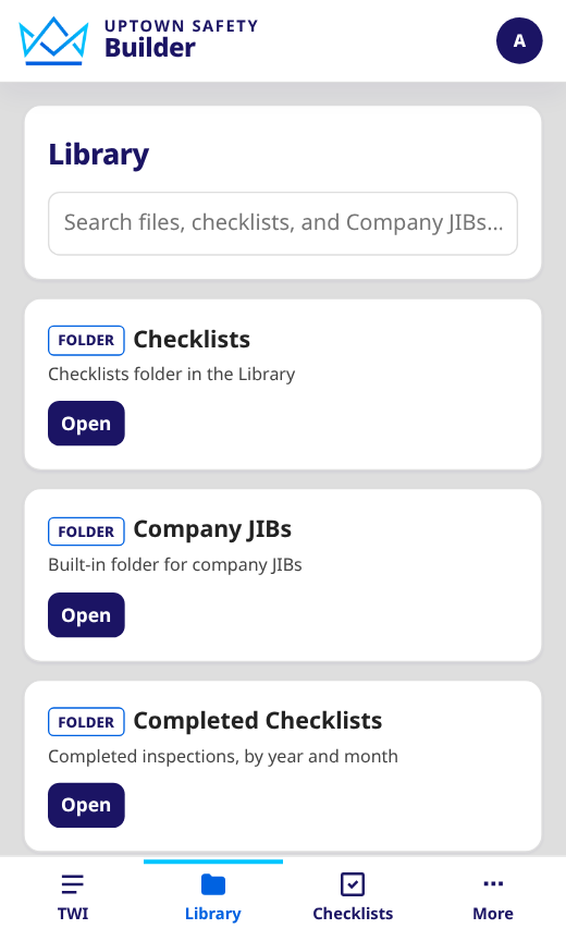 Builder Library tab on a phone, showing company folders