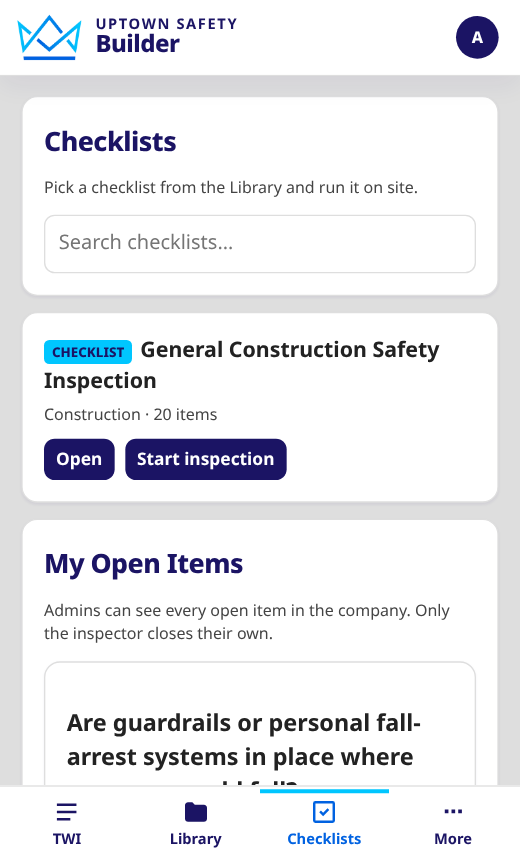 Builder Checklists tab on a phone, showing company checklists and open items