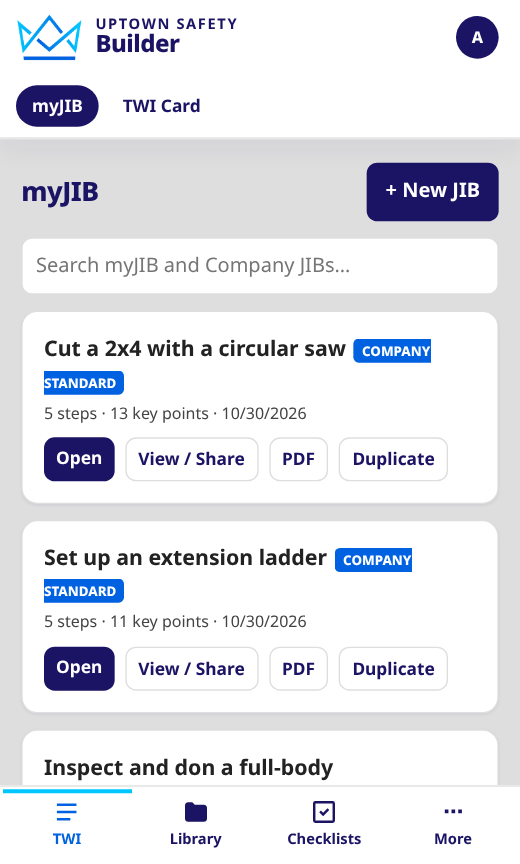 Builder TWI tab on a phone, showing myJIB job breakdowns