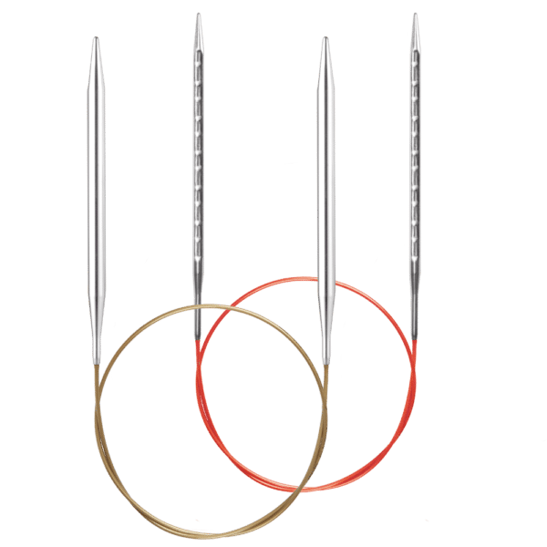 Four metal sewing needles with colored thread loops, two with red thread and two with brown thread.