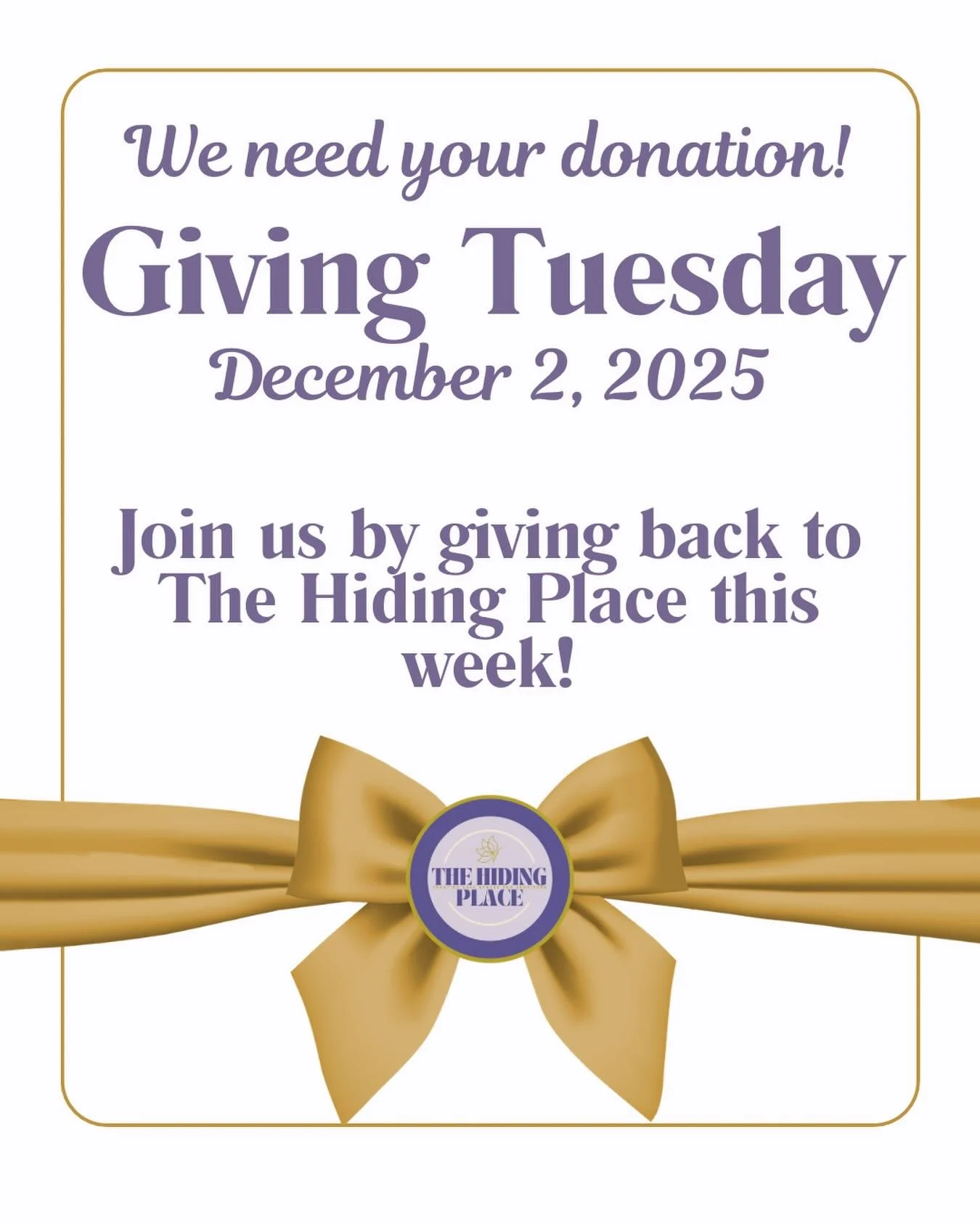 This week starts one of the biggest giving weeks of 2025! Giving Tuesday is Dec 2nd and we are asking our community members and followers to donate towards our program this week! 

As we support survivors, December is one of the busiest and most fina