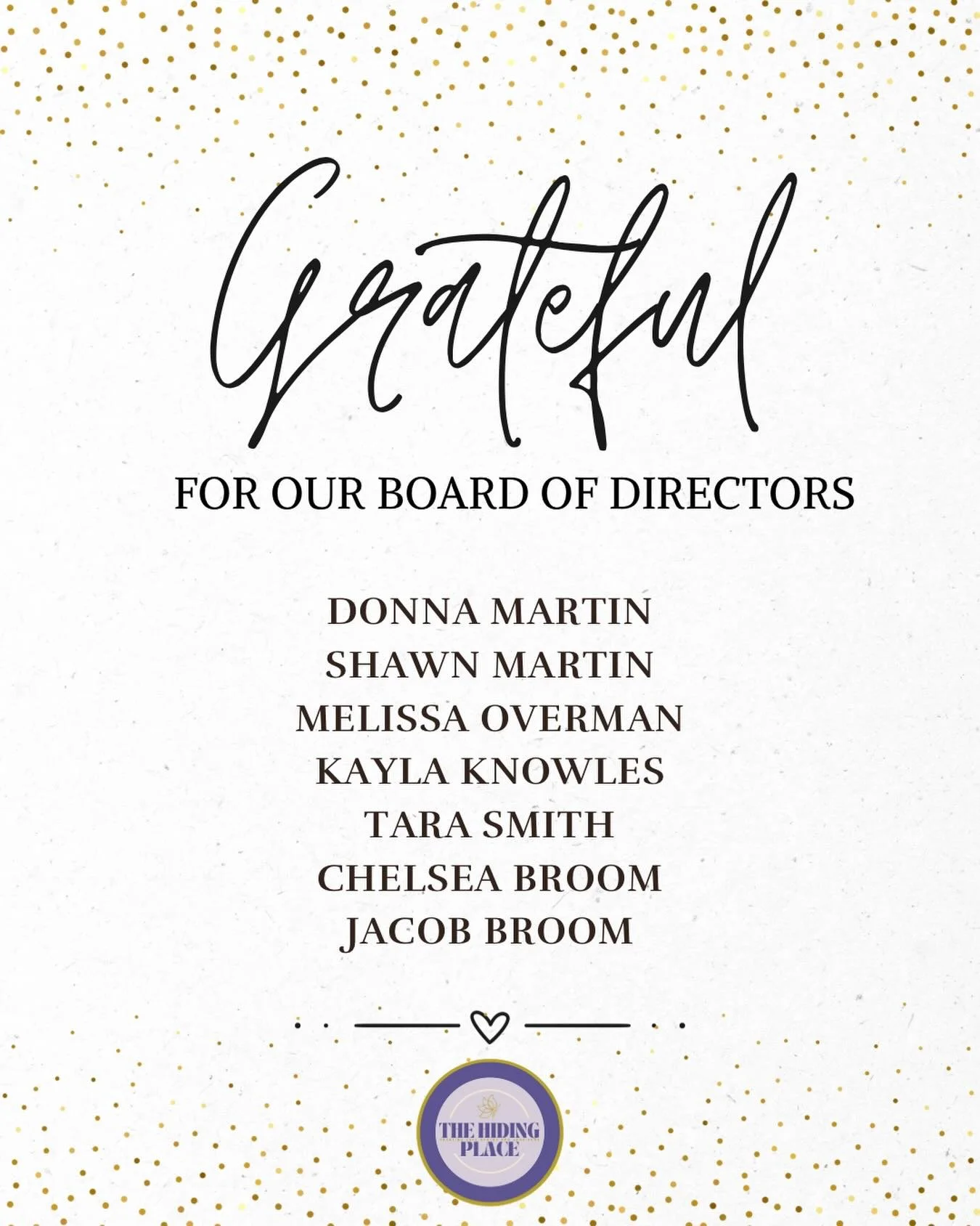 We held our last board meeting of the year last night and we would like to say a special thank you to our fantastic board of directors for their unwavering commitment to The Hiding Place program and our mission. Each board member has put in such hard