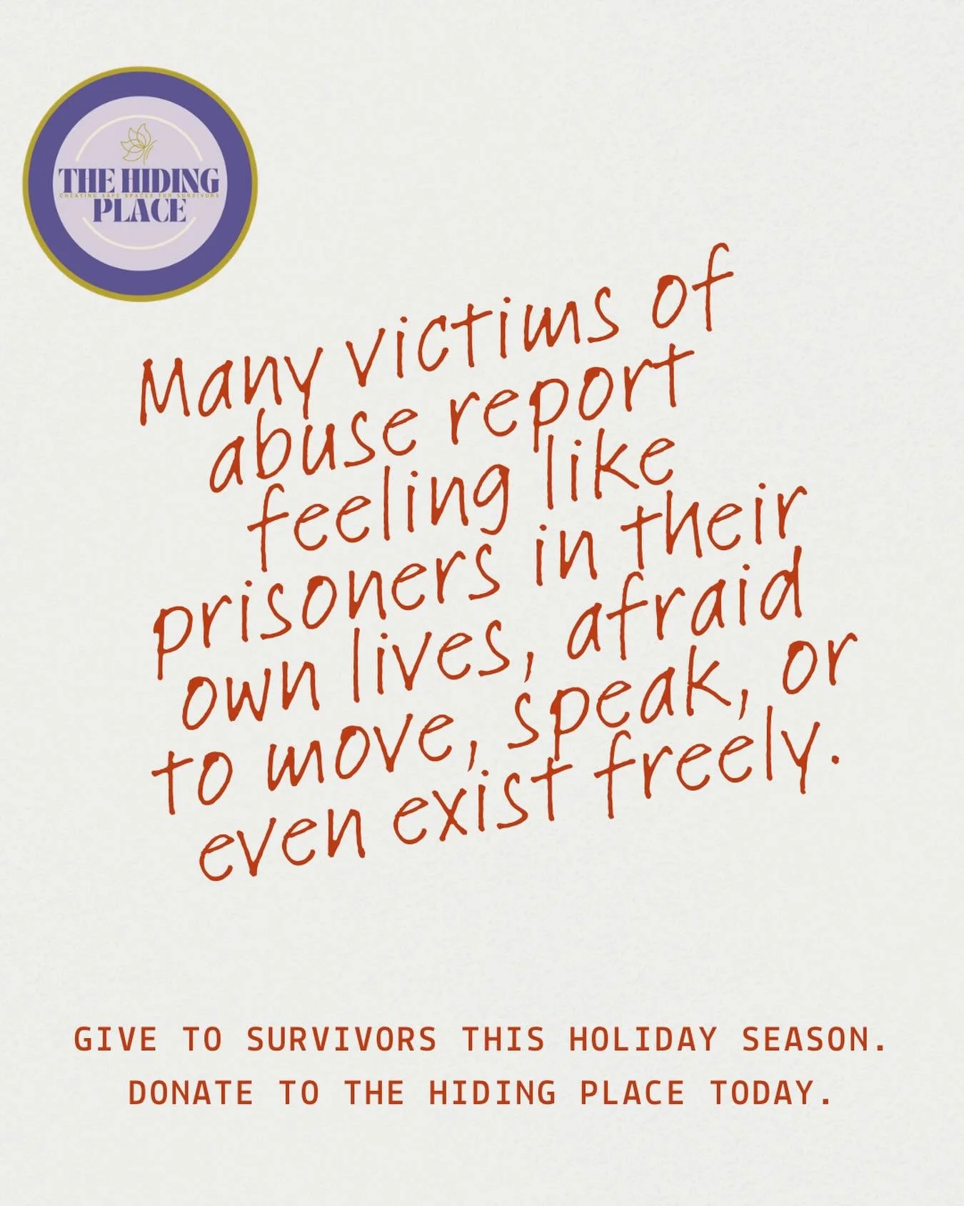 As survivors face the horrors of abuse daily, you can step in and help by supporting The Hiding Place with a monetary donation this holiday season. We appreciate any gift, no matter the size. 

These gifts save lives. 💜🦋

Donate here: https://giveb