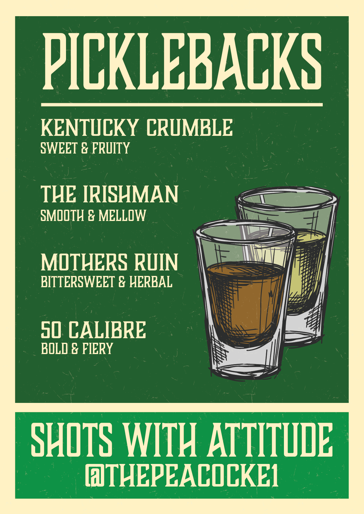 two shot glasses on a green background. advertising a promotion on shots
