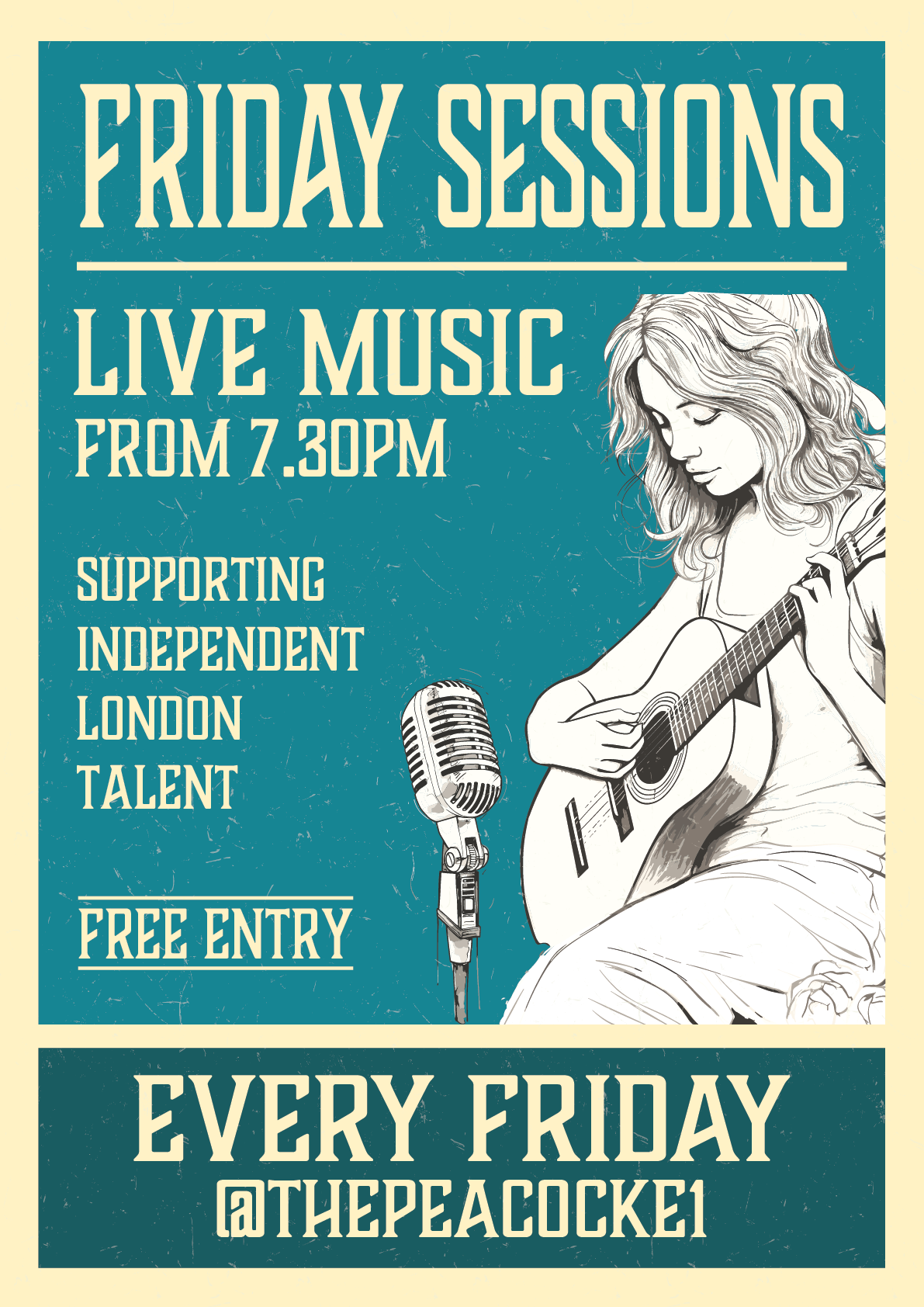 Woman playing a guitar with a microphone on a blue background. advertising live music every friday