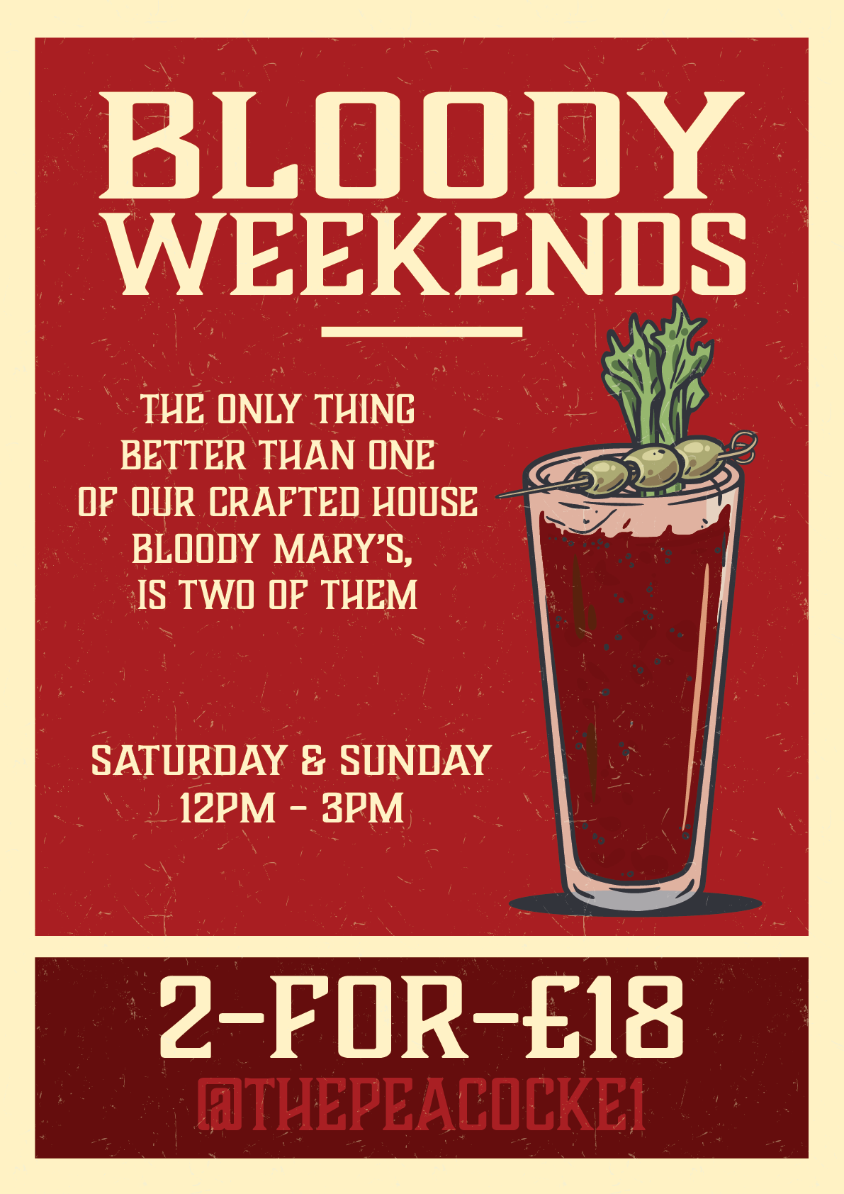 Tall glass filled with a bloody mary and garnish, on a red background