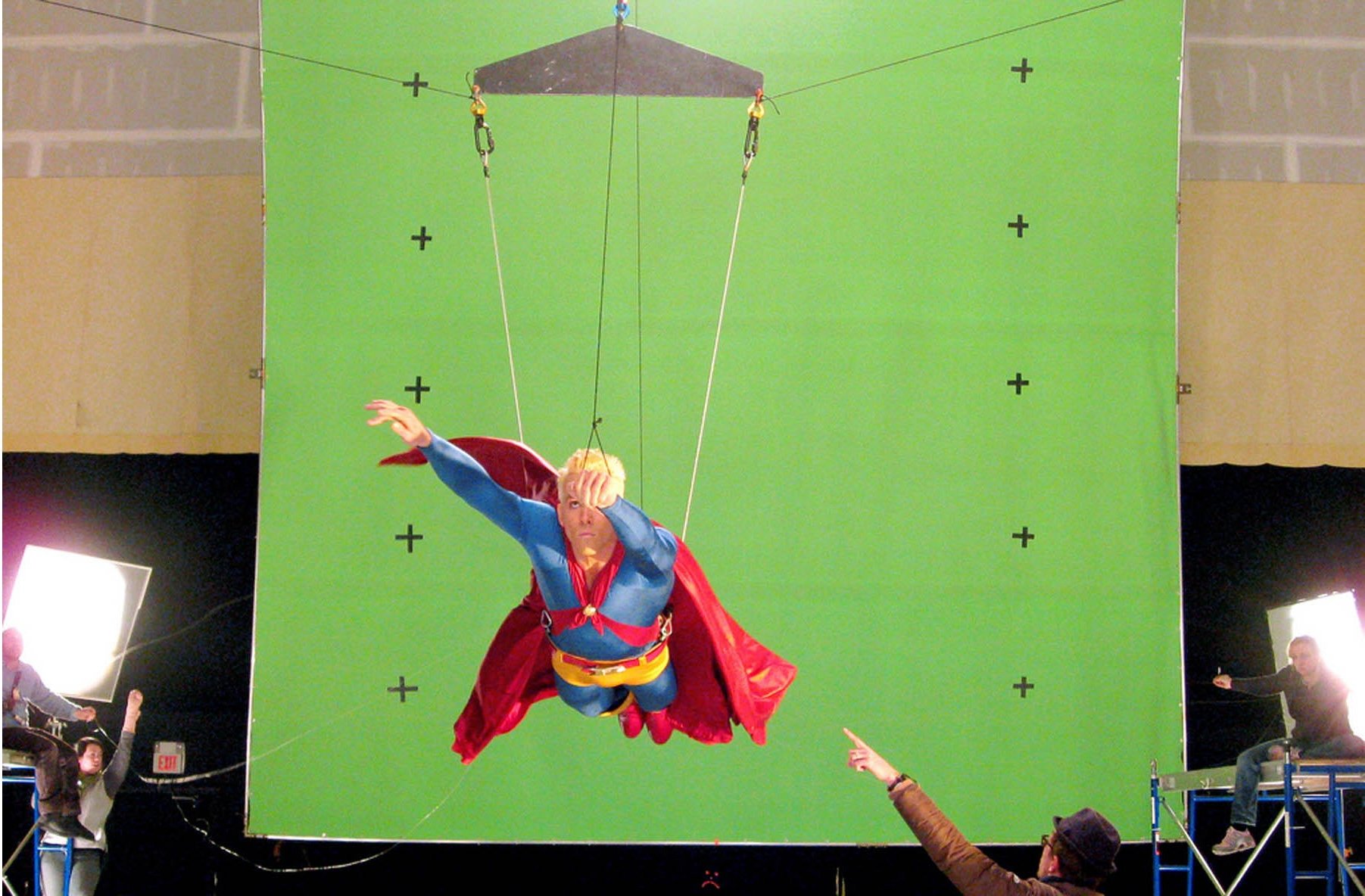 Ryan Reynolds on a flying rig in our costume shooting "Paperman". Designer Juliet Polcsa