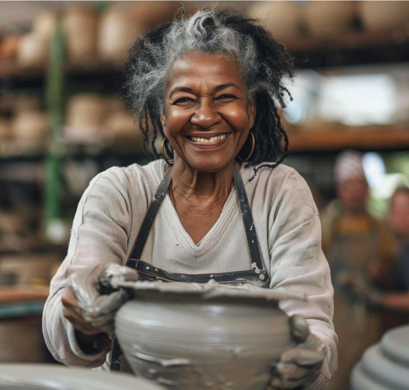 An elderly woman with gray and black curly hair smiling while working with clay in a pottery studio.
