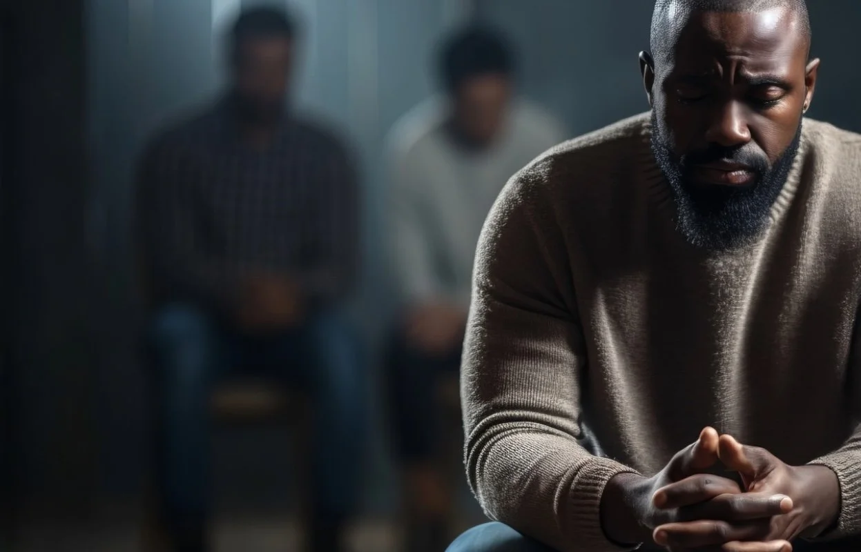 A man praying with his eyes closed and hands clasped together, sitting in a dimly lit room with two blurred men in the background.