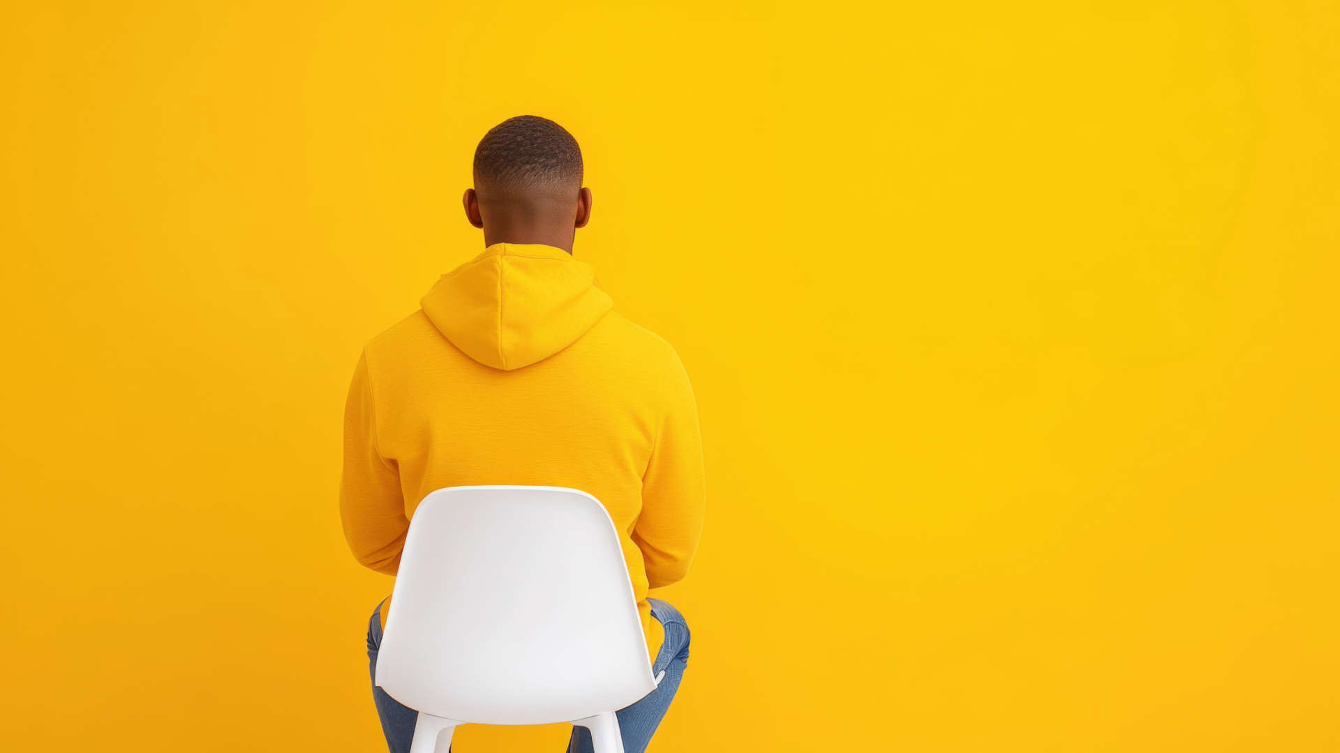 Person with short haircut wearing a yellow hoodie, sitting on a white chair, facing away, against a yellow background.