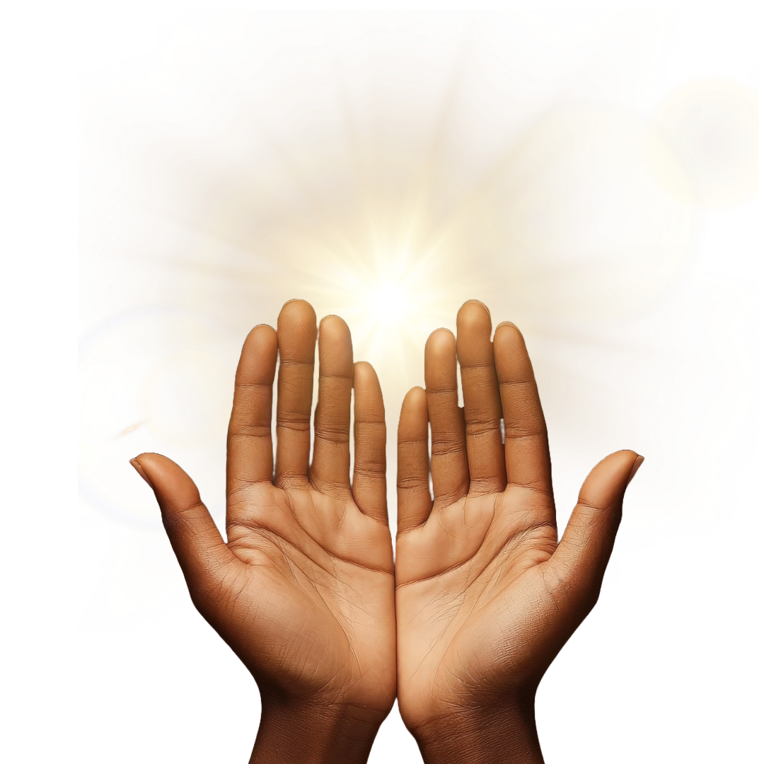 Two hands reaching towards a bright glowing light with lens flare effects, surrounded by golden and yellow hues.