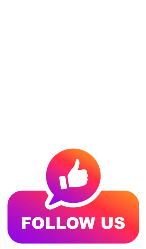 A social media graphic with a gradient background transitioning from purple to orange. It features a speech bubble with a thumbs-up icon inside it and the text "FOLLOW US" below.