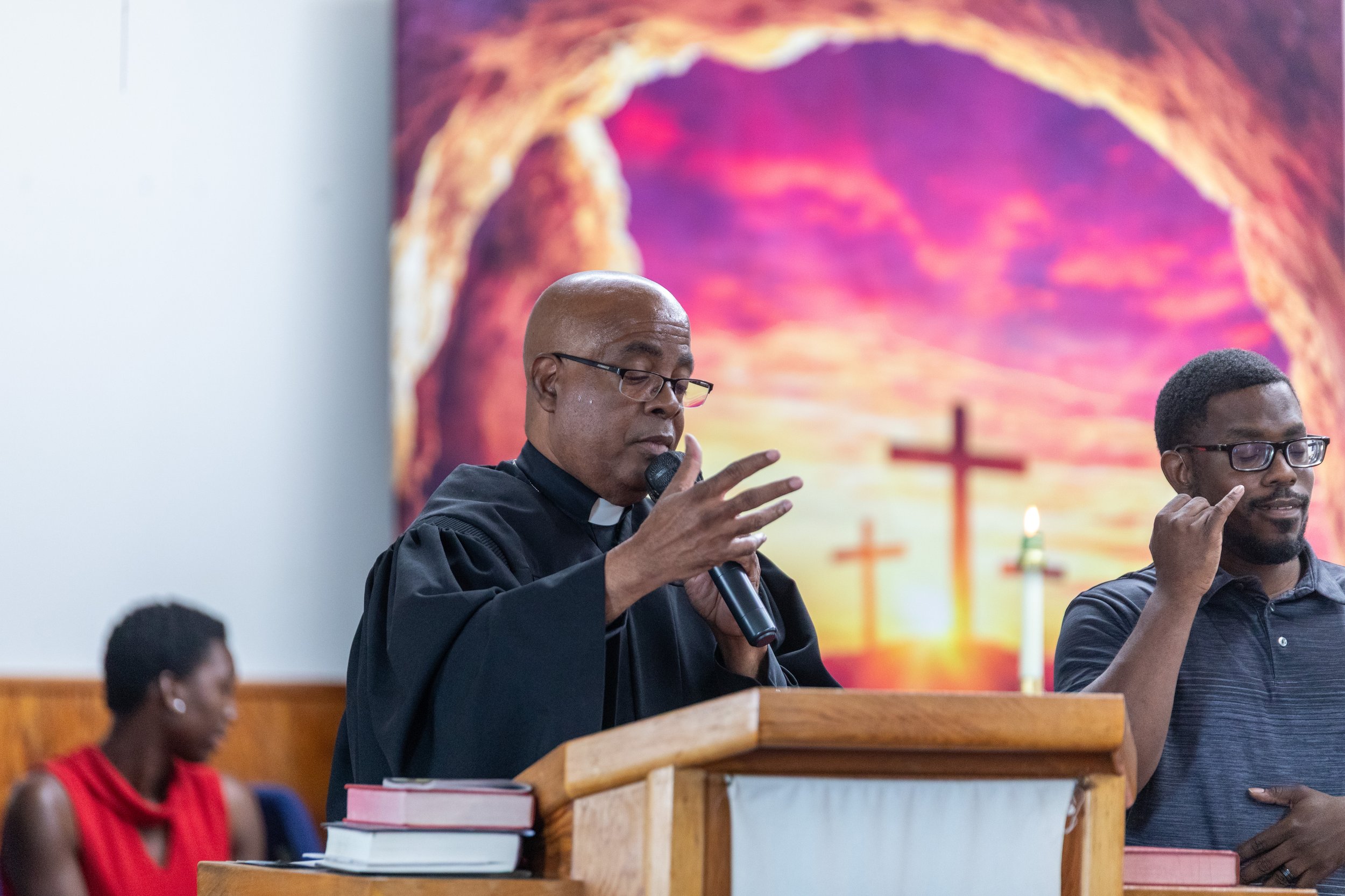 Pastor Wendell Smith leading the worship service on Sundays at Visionary Hollowell Community United Methodist Church in Midland, Texas