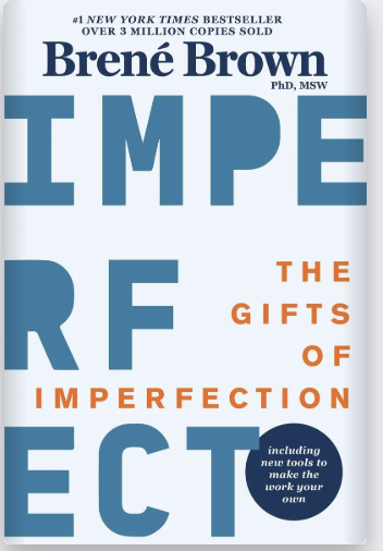 Book cover of 'The Gifts of Imperfection' by Brené Brown, featuring large blue text and an orange subtitle, with a blue circle highlighting additional features.