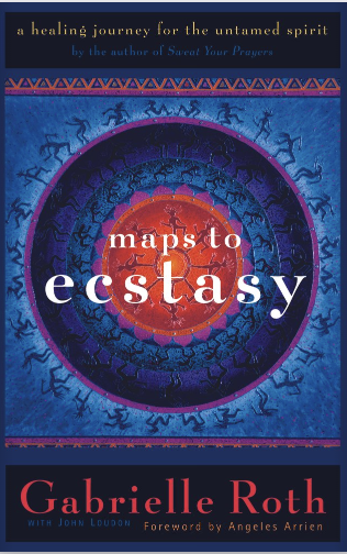 Book cover titled 'Maps to Ecstasy' by Gabrielle Roth with a subtitle 'a healing journey for the untamed spirit' and a foreword by Angeles Arrien. The cover features a circular, intricate, colorful design with silhouettes of dancers or figures in a spiral pattern.