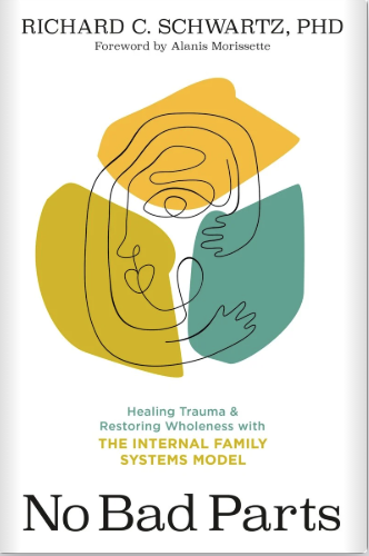 Book cover for 'No Bad Parts' by Richard C. Schwartz, PhD, featuring an abstract line drawing of a face and hands in yellow, teal, and black colors, with the subtitle 'Healing Trauma & Restoring Wholeness with The Internal Family Systems Model'.