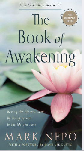 Cover of the book 'The Book of Awakening' by Mark Nepo, featuring a pink lotus flower on a green background.