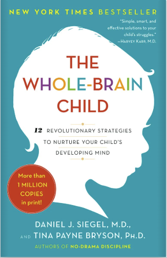 Book cover titled 'The Whole-Brain Child' by Daniel J. Siegel and Tina Payne Bryson, featuring a silhouette of a child's head in white with a colorful title, and a blue background.