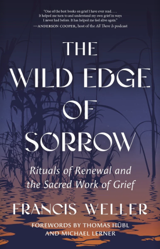 Book cover of 'The Wild Edge of Sorrow' by Francis Weller, featuring a dark blue background with silhouettes of tall grass and a quote from Anderson Cooper at the top.